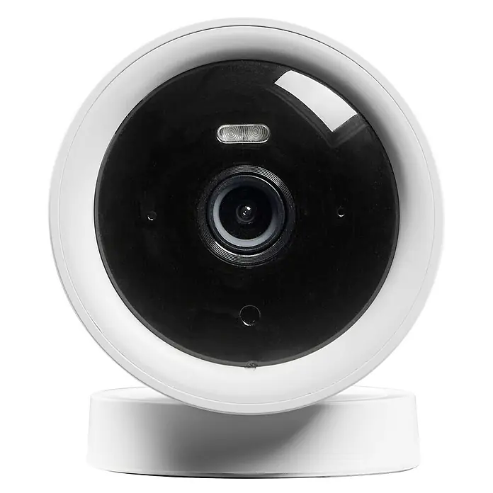 Osram Smart+ Überwachungskamera Fixed - Passend für: Alarmsystem, Smart Home System - Nahaufnahme einer runden, weißen Überwachungskamera mit schwarzer Linse und LED, ideal zur Überwachung von Innenräumen.