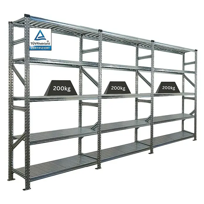 Proregal Metallregal Fachbodenregal PROXIMO 1x Grundregal + 2x Anbauregal - Traglast pro Boden: 200 kg, Anzahl Böden: 5 Stk., Stecken, Verzinkt - Schwerlastregal mit drei Ebenen, belastbar mit jeweils 200kg, TÜV-Rheinland zertifiziert.