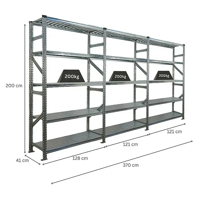 Proregal Metallregal Fachbodenregal PROXIMO 1x Grundregal + 2x Anbauregal - Traglast pro Boden: 200 kg, Anzahl Böden: 5 Stk., Stecken, Verzinkt - Abbildung eines Schwerlastregals aus Metall mit mehreren Ebenen, auf denen jeweils 200 kg schwere Gewichte liegen.