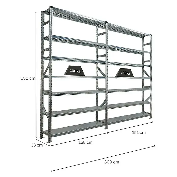 Proregal Metallregal Fachbodenregal PROXIMO 1x Grundregal + 1x Anbauregal - Traglast pro Boden: 200 kg, Anzahl Böden: 7 Stk., Stecken, Verzinkt - Metallregal mit mehreren Ebenen und Gewichtsangaben. Ideal für Lagerhaltung mit hoher Traglast.