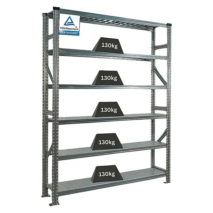 Proregal Metallregal Fachbodenregal PROXIMO Grundregal - H x B x T: 210 x 150 x 32 cm, Traglast pro Boden: 200 kg, Anzahl Böden: 6 Stk., Stecken, Verzinkt - Schwerlastregal mit fünf Böden, jeweils mit 130 kg belastet. TÜV Rheinland zertifiziert.