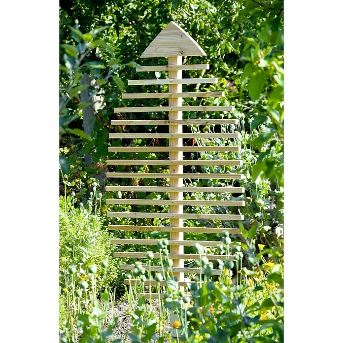 Dobar Rankhilfe Fagus - B x H: 84 x 160 cm, Hellbraun - Nahaufnahme einer Pyramiden-Pflanzstütze aus Holz, ideal für Gartenliebhaber, die ihren Pflanzen einen stabilen und dekorativen Halt bieten möchten.