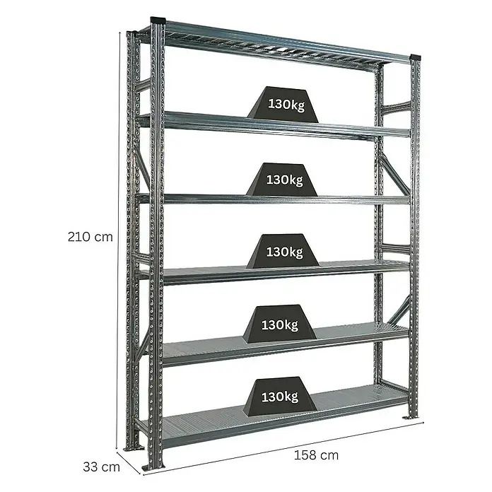 Proregal Metallregal Fachbodenregal PROXIMO Grundregal - H x B x T: 210 x 150 x 32 cm, Traglast pro Boden: 200 kg, Anzahl Böden: 6 Stk., Stecken, Verzinkt - Ein Bild von einem robusten, grauen Schwerlastregal mit fünf Ebenen, jede mit 130kg belastet, ideal für Lagerung.