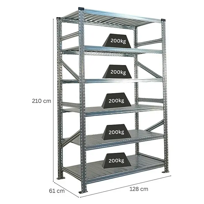 Proregal Metallregal Fachbodenregal PROXIMO Grundregal - Traglast pro Boden: 200 kg, Anzahl Böden: 6 Stk., Stecken, Verzinkt - Regal mit fünf Ebenen und einer Traglast von 200kg pro Ebene.