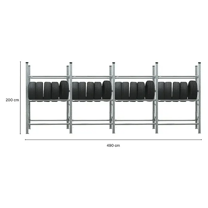 Proregal Reifenregal PROXIMO 1x Grundregal + 3x Anbauregal - H x B x T: 200 x 480 x 40 cm, Stecken, Verzinkt - Reifenregal mit vier Abschnitten, 200 cm hoch und 490 cm breit, zur Lagerung von Reifen in Werkstätten oder Garagen.