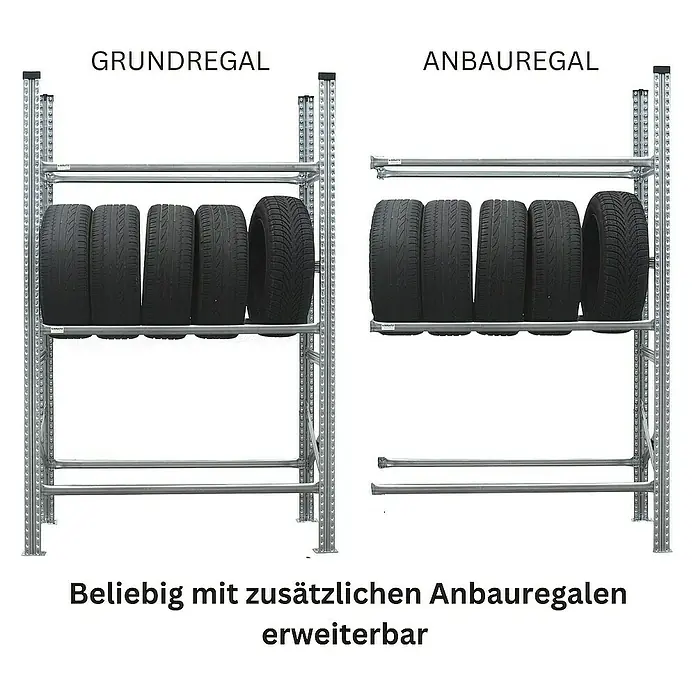 Proregal Reifenregal PROXIMO 1x Grundregal + 3x Anbauregal - H x B x T: 200 x 480 x 40 cm, Stecken, Verzinkt - Reifenregal-Set mit Grund- und Anbauregal zur Lagerung von Autoreifen. Erweiterbar mit zusätzlichen Anbauregalen.