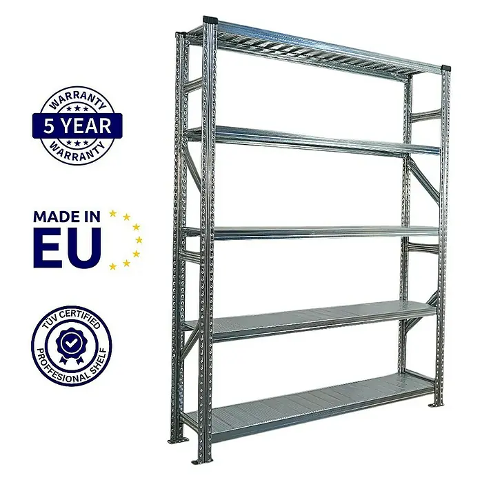 Proregal Metallregal Fachbodenregal PROXIMO 1x Grundregal + 4x Anbauregal - Traglast pro Boden: 130 kg, Anzahl Böden: 5 Stk., Stecken, Verzinkt - Metallregal mit fünf Regalböden und Garantiezeichen, ideal für Lagerung und Organisation im gewerblichen oder privaten Bereich.