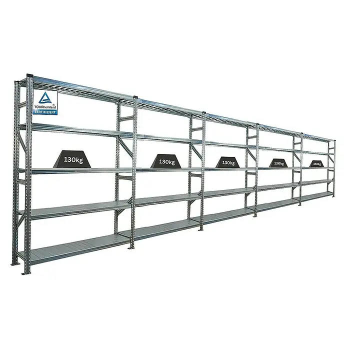 Proregal Metallregal Fachbodenregal PROXIMO 1x Grundregal + 4x Anbauregal - Traglast pro Boden: 130 kg, Anzahl Böden: 5 Stk., Stecken, Verzinkt - Metallregal mit mehreren Regalen, geprüft und mit Gewichten von 130 kg beladen, für Lager und Archiv.