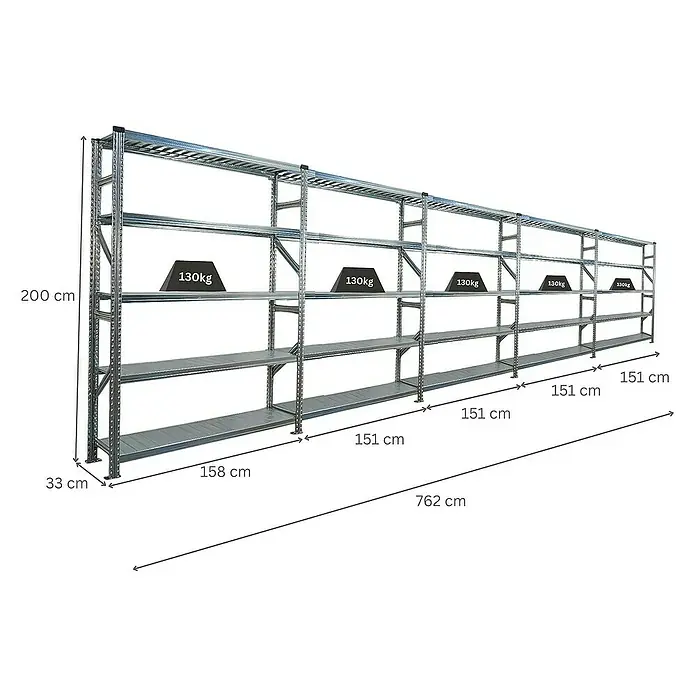 Proregal Metallregal Fachbodenregal PROXIMO 1x Grundregal + 4x Anbauregal - Traglast pro Boden: 130 kg, Anzahl Böden: 5 Stk., Stecken, Verzinkt - Langes, silbernes Schwerlastregal mit mehreren Regalböden zur Lagerung von Gegenständen und Materialien.