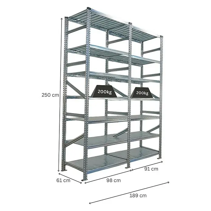 Proregal Metallregal Fachbodenregal PROXIMO 1x Grundregal + 1x Anbauregal - Traglast pro Boden: 200 kg, Anzahl Böden: 7 Stk., Stecken, Verzinkt - Stabiles Schwerlastregal mit 5 Böden, ideal für Lagerung. Die Regale sind verzinkt und leicht aufzubauen, perfekte Lösung für Ordnung.
