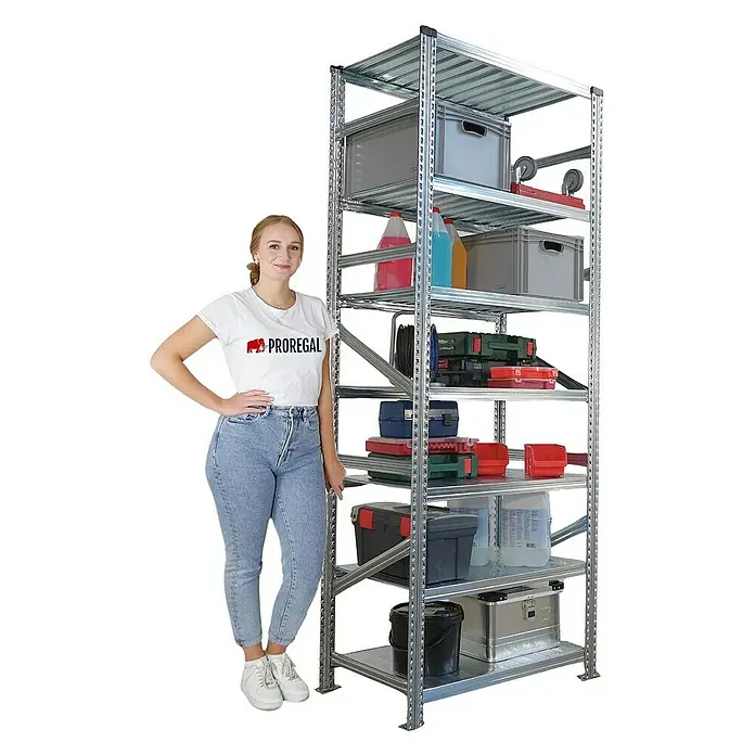 Proregal Metallregal Fachbodenregal PROXIMO 1x Grundregal + 1x Anbauregal - Traglast pro Boden: 200 kg, Anzahl Böden: 7 Stk., Stecken, Verzinkt - Stabiles Metallregal mit mehreren Ebenen, gefüllt mit Kisten und Behältern. Das Regal bietet viel Stauraum und ist ideal für Werkstatt oder Garage.