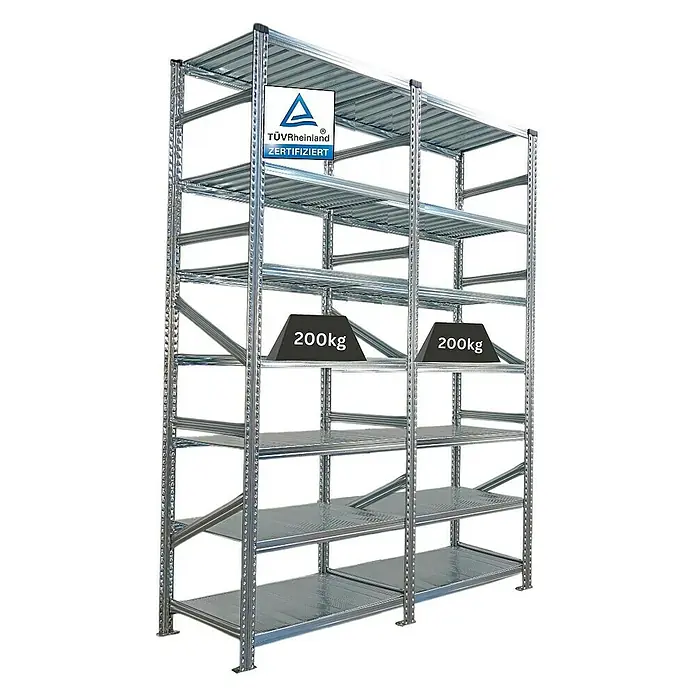 Proregal Metallregal Fachbodenregal PROXIMO 1x Grundregal + 1x Anbauregal - Traglast pro Boden: 200 kg, Anzahl Böden: 7 Stk., Stecken, Verzinkt - Metallregal mit mehreren Ebenen, zertifiziert vom TÜV Rheinland, belastbar bis 200 kg pro Ebene für Lagerung und Organisation.