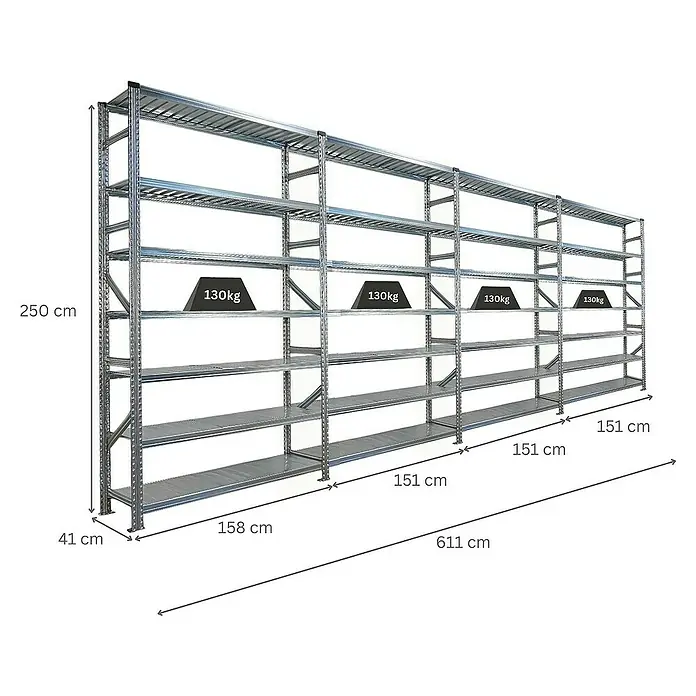 Proregal Metallregal Fachbodenregal PROXIMO 1x Grundregal + 3x Anbauregal - Traglast pro Boden: 200 kg, Anzahl Böden: 7 Stk., Stecken, Verzinkt - Abbildung eines grauen, modularen Schwerlastregalsystems mit mehreren Ebenen, das für Lagerzwecke geeignet ist und eine hohe Tragkraft bietet.