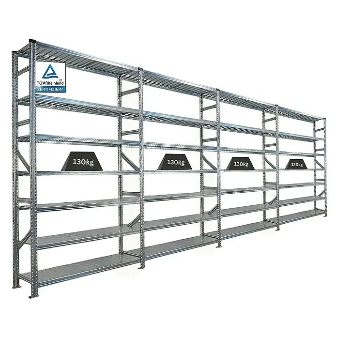 Proregal Metallregal Fachbodenregal PROXIMO 1x Grundregal + 3x Anbauregal - Traglast pro Boden: 200 kg, Anzahl Böden: 7 Stk., Stecken, Verzinkt - Abbildung eines Schwerlastregals mit mehreren Regalböden, die jeweils mit 130 kg belastbar sind. TÜV-Rheinland zertifiziert.
