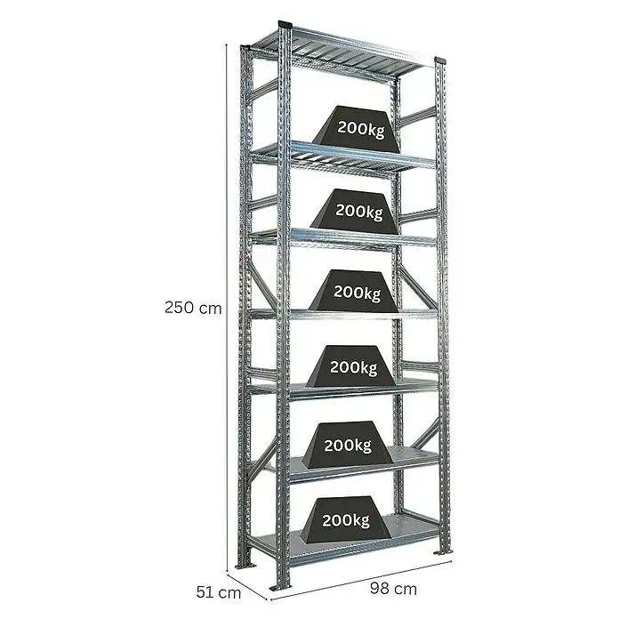 Proregal Metallregal Fachbodenregal PROXIMO Grundregal - Traglast pro Boden: 200 kg, Anzahl Böden: 7 Stk., Stecken, Verzinkt - Metallregal mit sechs Regalböden, jeweils mit Gewichten von 200 kg belastet. Gesamtmaße: 250 cm hoch, 98 cm breit und 51 cm tief.