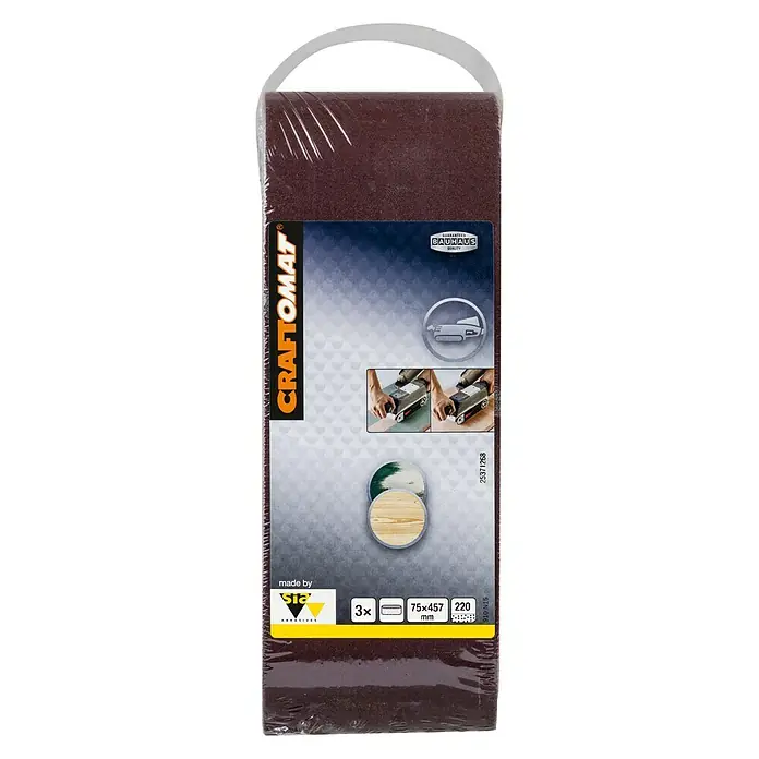 Craftomat Lija de banda - L x An: 457 x 75 mm, Grano: 220, 3 ud. - Juego de bandas de lijado Craftomat para lijadoras de banda, ideal para trabajos de carpintería, con 3 bandas de 75x457 mm y grano 220.