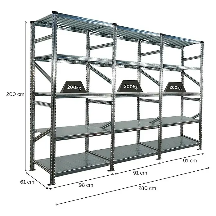 Proregal Metallregal Fachbodenregal PROXIMO 1x Grundregal + 2x Anbauregal - Traglast pro Boden: 200 kg, Anzahl Böden: 5 Stk., Stecken, Verzinkt - Abbildung eines Schwerlastregals aus Metall mit mehreren Ebenen und Gewichtsangaben, das für Lagerzwecke geeignet ist.