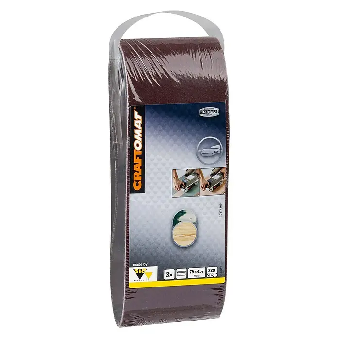 Craftomat Lija de banda - L x An: 457 x 75 mm, Grano: 220, 3 ud. - Paquete de lija Craftomat de 75x457 mm y grano 220. Perfecto para trabajos de pulido con máquinas de banda.