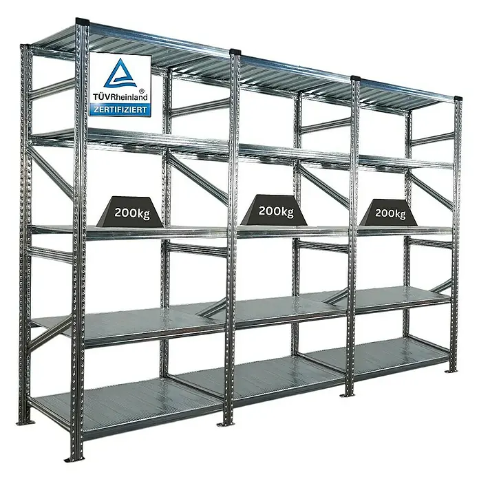 Proregal Metallregal Fachbodenregal PROXIMO 1x Grundregal + 2x Anbauregal - Traglast pro Boden: 200 kg, Anzahl Böden: 5 Stk., Stecken, Verzinkt - Schwerlastregal aus Metall mit vier Ebenen, zertifiziert und mit 200kg belastet. Optimal für Lager und Werkstatt.