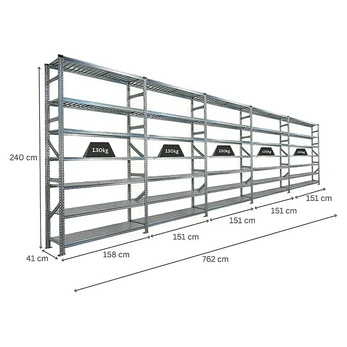 Proregal Metallregal Fachbodenregal PROXIMO 1x Grundregal + 4x Anbauregal - H x B x T: 240 x 150 x 40 cm, Traglast pro Boden: 200 kg, Anzahl Böden: 7 Stk., Stecken, Verzinkt - Aufnahme eines Regalsystems mit mehreren Ebenen, das für schwere Lasten bis zu 130 kg ausgelegt ist.