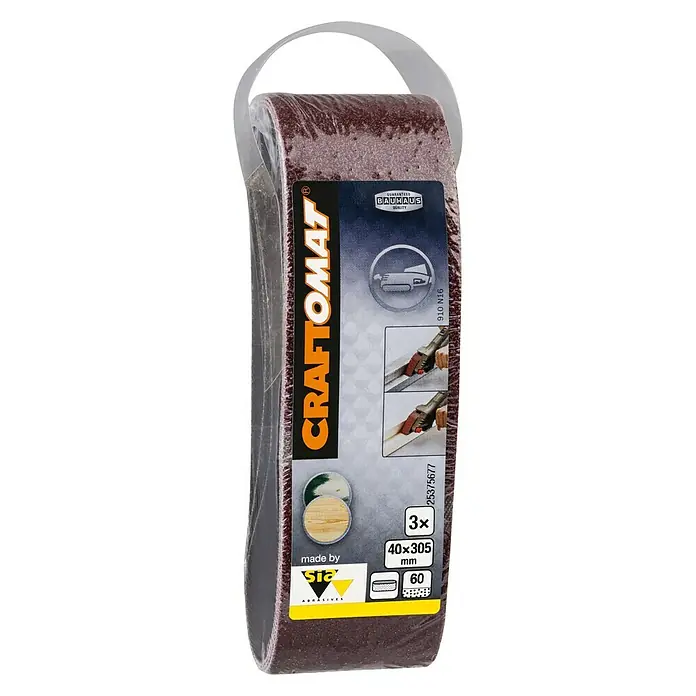 Craftomat Lija de banda - L x An: 305 x 40 mm, Grano: 60, 3 ud. - Rollo de cinta de lija Craftomat de 3 piezas. Las cintas de lija de 40x305mm con un tamaño de grano de 60 son perfectas para lijar.