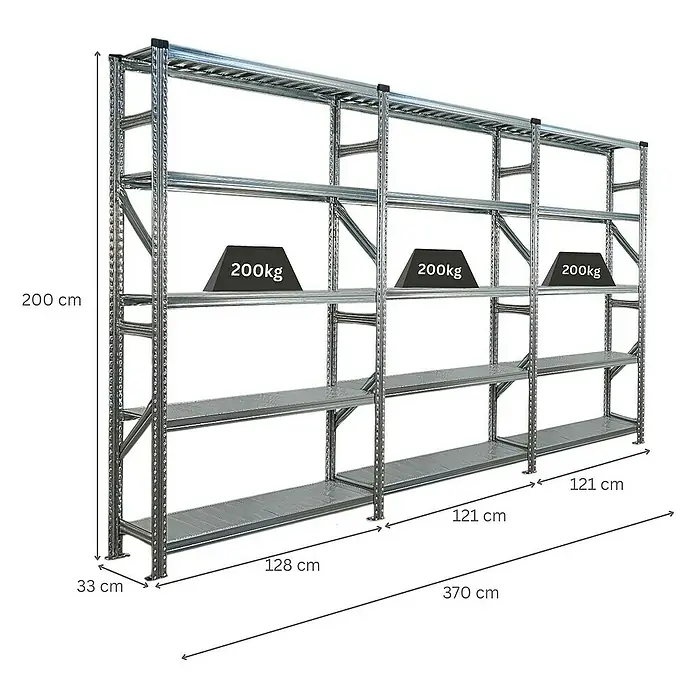 Proregal Metallregal Fachbodenregal PROXIMO 1x Grundregal + 2x Anbauregal - Traglast pro Boden: 200 kg, Anzahl Böden: 5 Stk., Stecken, Verzinkt - Das Bild zeigt ein robustes Schwerlastregal aus Metall mit mehreren Ebenen, belastet mit Gewichten.