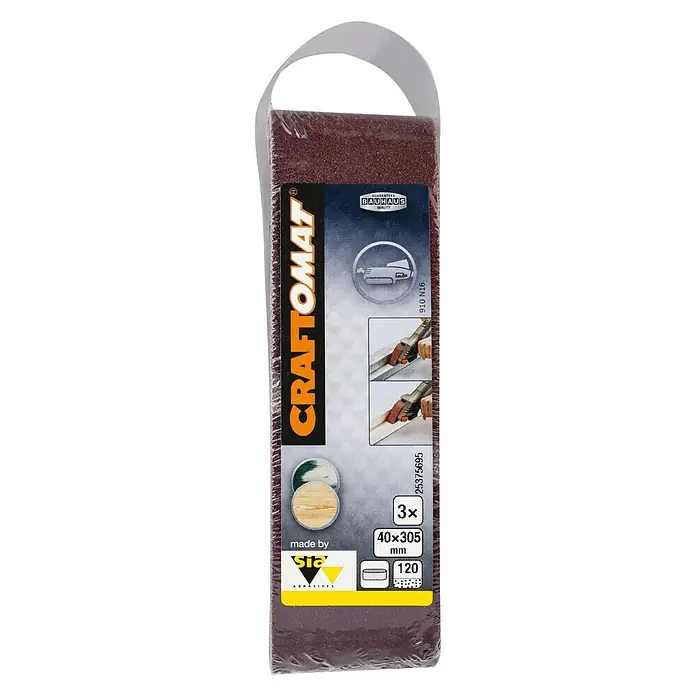 Craftomat Lija de banda - L x An: 305 x 40 mm, Grano: 120, 3 ud. - Abrasivo CRAFTOMAT, grano 120, para una variedad de trabajos de pulido. Ideal para madera, metal y plástico.