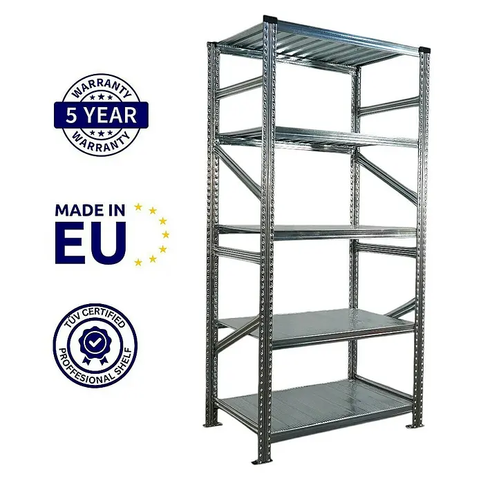 Proregal Metallregal Fachbodenregal PROXIMO 1x Grundregal + 3x Anbauregal - Traglast pro Boden: 200 kg, Anzahl Böden: 5 Stk., Stecken, Verzinkt - Ein stabiles Metallregal mit fünf Ebenen, ideal für Lagerung und Organisation. Langlebiges Design für vielfältige Einsatzbereiche.