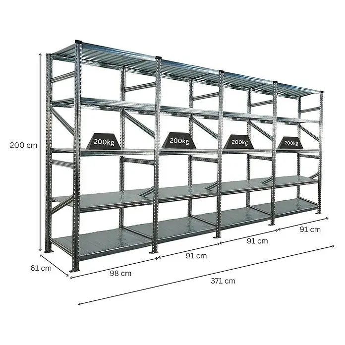 Proregal Metallregal Fachbodenregal PROXIMO 1x Grundregal + 3x Anbauregal - Traglast pro Boden: 200 kg, Anzahl Böden: 5 Stk., Stecken, Verzinkt - Abbildung eines robusten, verzinkten Schwerlastregals mit mehreren Ebenen, ideal für Lagerung, mit Gewichtsangaben und Maßangaben.