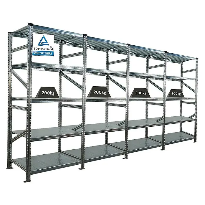 Proregal Metallregal Fachbodenregal PROXIMO 1x Grundregal + 3x Anbauregal - Traglast pro Boden: 200 kg, Anzahl Böden: 5 Stk., Stecken, Verzinkt - Regalsystem mit mehreren Ebenen und einer Traglast von 200kg pro Fach, zertifiziert durch TÜV Rheinland.