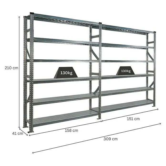 Proregal Metallregal Fachbodenregal PROXIMO 1x Grundregal + 1x Anbauregal - Traglast pro Boden: 200 kg, Anzahl Böden: 6 Stk., Stecken, Verzinkt - Metallregal mit fünf Ebenen und Gewichtsangaben für Lager oder Werkstatt.