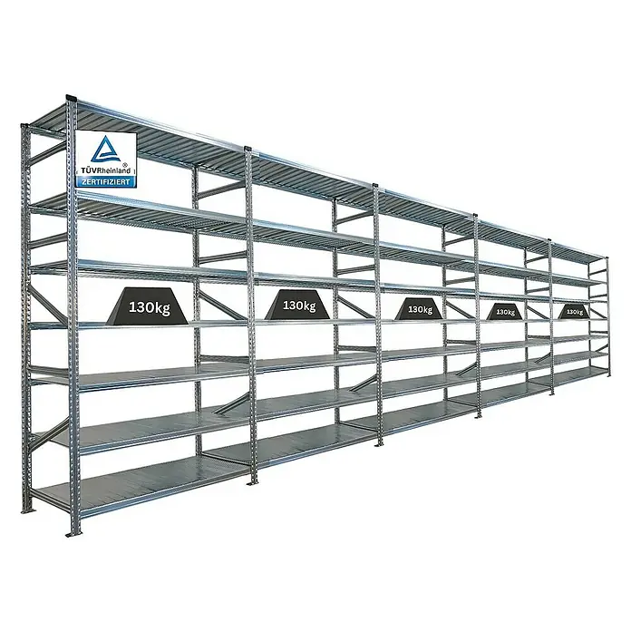 Proregal Metallregal Fachbodenregal PROXIMO 1x Grundregal + 4x Anbauregal - H x B x T: 240 x 150 x 60 cm, Traglast pro Boden: 200 kg, Anzahl Böden: 7 Stk., Stecken, Verzinkt - Metallregal mit fünf Ebenen und Lastangabe 130kg pro Ebene.