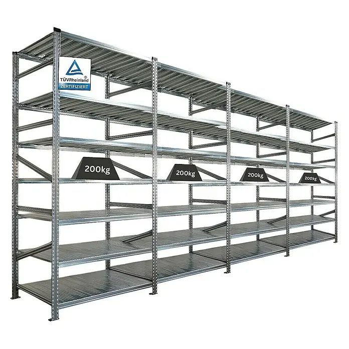 Proregal Metallregal Fachbodenregal PROXIMO 1x Grundregal + 3x Anbauregal - H x B x T: 250 x 120 x 60 cm, Traglast pro Boden: 200 kg, Anzahl Böden: 7 Stk., Stecken, Verzinkt - Ein großes Metallregal mit mehreren Ebenen, das für die Lagerung und Organisation von Gegenständen konzipiert ist.