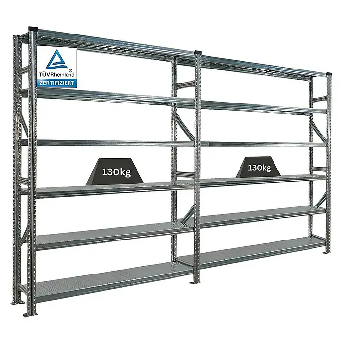 Proregal Metallregal Fachbodenregal PROXIMO 1x Grundregal + 1x Anbauregal - Traglast pro Boden: 200 kg, Anzahl Böden: 6 Stk., Stecken, Verzinkt - Produktfoto eines robusten Metallregals mit fünf Ablagen und einer Traglast von 130kg pro Ebene. Zertifiziert vom TÜV Rheinland.