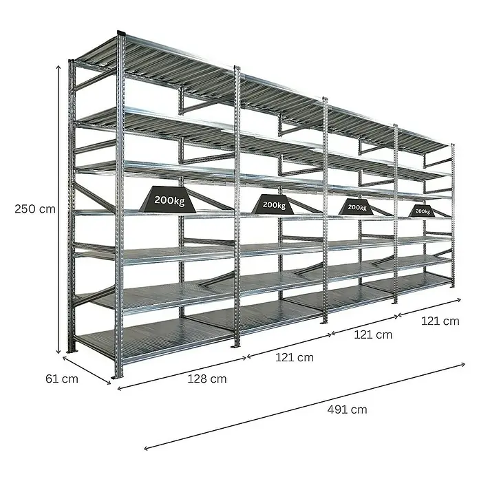 Proregal Metallregal Fachbodenregal PROXIMO 1x Grundregal + 3x Anbauregal - H x B x T: 250 x 120 x 60 cm, Traglast pro Boden: 200 kg, Anzahl Böden: 7 Stk., Stecken, Verzinkt - Ein modulares Schwerlastregalsystem mit mehreren Ebenen, das für Lagerhaltung und Organisation konzipiert ist.
