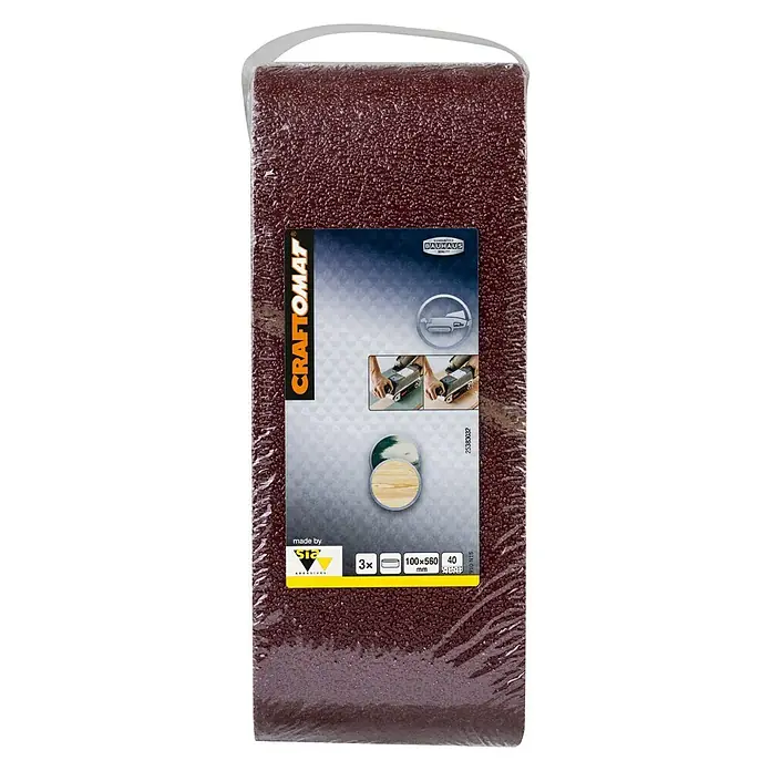 Craftomat Lija de banda - L x An: 560 x 100 mm, Grano: 40, 3 ud. - La imagen muestra un paquete de hojas de lija Craftomat (3 unidades, 100x560 mm, grano 40), ideal para lijar superficies de madera con una lijadora de banda.