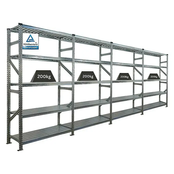 Proregal Metallregal Fachbodenregal PROXIMO 1x Grundregal + 3x Anbauregal - Traglast pro Boden: 200 kg, Anzahl Böden: 5 Stk., Stecken, Verzinkt - Schwerlastregal mit TÜV-Zertifizierung, belastbar mit 200kg pro Fach. Ideal für Lager und Werkstatt.