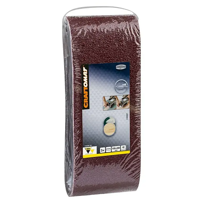 Craftomat Lija de banda - L x An: 560 x 100 mm, Grano: 40, 3 ud. - Imagen de un juego de bandas de lijado Craftomat. El juego incluye tres bandas de lijado con un grano de 40 para lijadoras de banda, tamaño 100 x 560 mm.