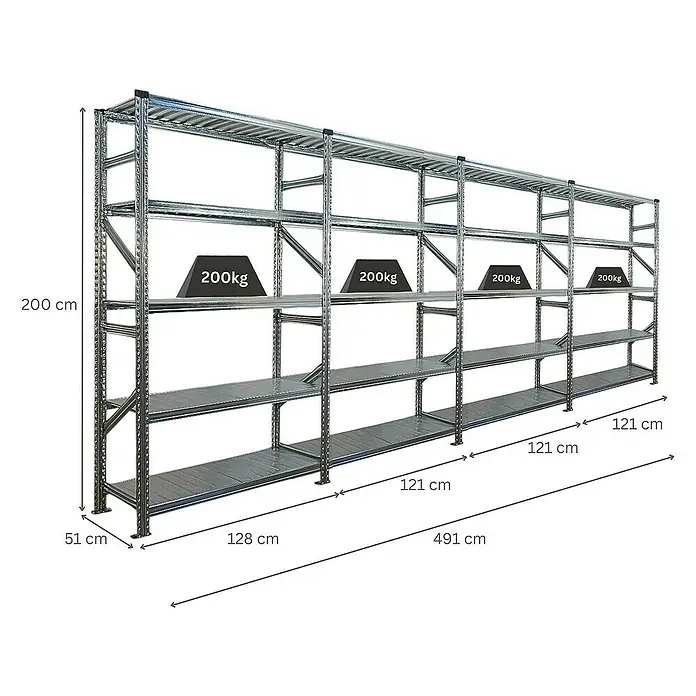 Proregal Metallregal Fachbodenregal PROXIMO 1x Grundregal + 3x Anbauregal - Traglast pro Boden: 200 kg, Anzahl Böden: 5 Stk., Stecken, Verzinkt - Abbildung eines robusten, modularen Schwerlastregalsystems aus Metall, ideal für Lagerhaltung, mit Gewichtsangaben auf den Regalböden.