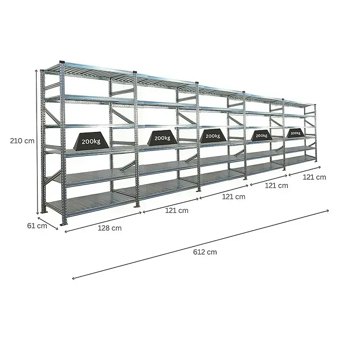 Proregal Metallregal Fachbodenregal PROXIMO 1x Grundregal + 4x Anbauregal - Traglast pro Boden: 200 kg, Anzahl Böden: 6 Stk., Stecken, Verzinkt - Langes, stabiles Metallregal mit mehreren Ebenen, beschriftet mit Abmessungen und einer Gewichtskapazität von 200kg pro Ebene.
