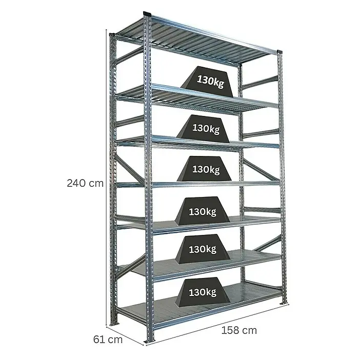 Proregal Metallregal Fachbodenregal PROXIMO Grundregal - H x B x T: 240 x 150 x 60 cm, Traglast pro Boden: 200 kg, Anzahl Böden: 7 Stk., Stecken, Verzinkt - Abbildung eines belastbaren Schwerlastregals mit sechs Ebenen, auf denen jeweils Gewichte von 130 kg platziert sind.