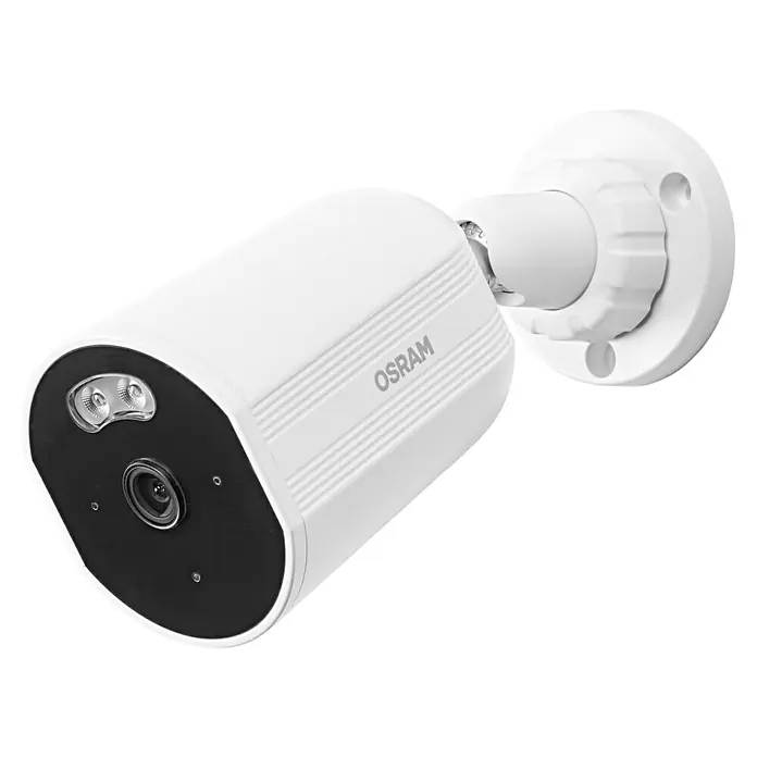 Osram Smart+ Überwachungskamera Outdoor Fixed - Passend für: Alarmsystem, Smart Home System - Nahaufnahme einer weißen OSRAM Überwachungskamera zur Sicherheit mit Infrarot LEDs und einer runden Montageplatte für den Aussenbereich.