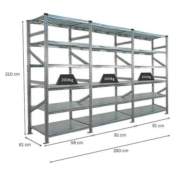 Proregal Metallregal Fachbodenregal PROXIMO 1x Grundregal + 2x Anbauregal - Traglast pro Boden: 200 kg, Anzahl Böden: 6 Stk., Stecken, Verzinkt - Abbildung eines Metallregals mit mehreren Ebenen, das mit Gewichten von je 200 kg belastet ist und dessen Abmessungen angegeben sind.
