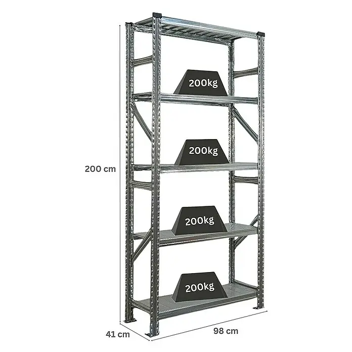 Proregal Metallregal Fachbodenregal PROXIMO Grundregal - H x B x T: 200 x 90 x 40 cm, Traglast pro Boden: 200 kg, Anzahl Böden: 5 Stk., Stecken, Verzinkt - Das Bild zeigt ein Schwerlastregal aus Metall mit vier Ebenen, beladen mit Gewichten von je 200 kg, und seine Abmessungen.