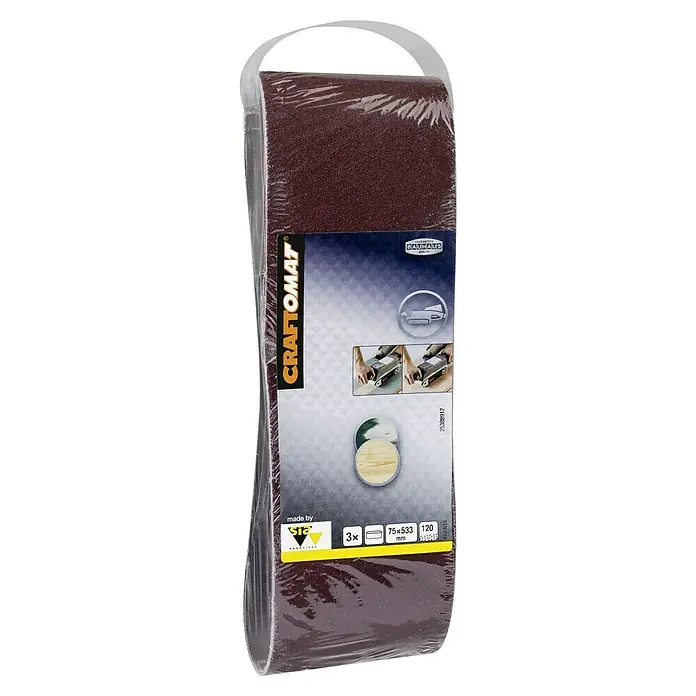 Craftomat Lija de banda - L x An: 533 x 75 mm, Grano: 120, 3 ud. - La imagen muestra un paquete de bandas de lija CRAFTOMAT, grano 120, tamaño 75x533mm, envueltas en plástico con asa, ideal para tareas de lijado.