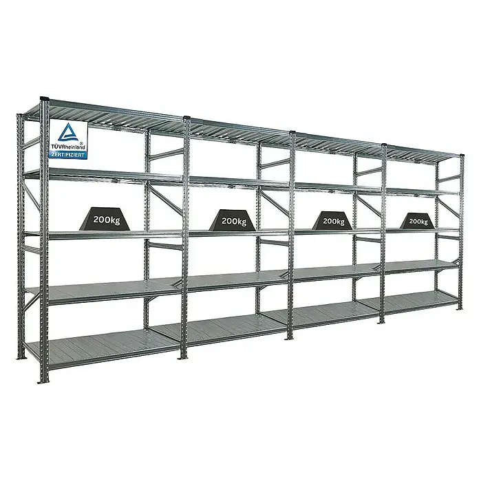 Proregal Metallregal Fachbodenregal PROXIMO 1x Grundregal + 3x Anbauregal - Traglast pro Boden: 200 kg, Anzahl Böden: 5 Stk., Stecken, Verzinkt - Schwerlastregal mit vier Ebenen und je 200kg Belastungsgewichten auf der zweiten Ebene. TÜV Rheinland Siegel oben links.