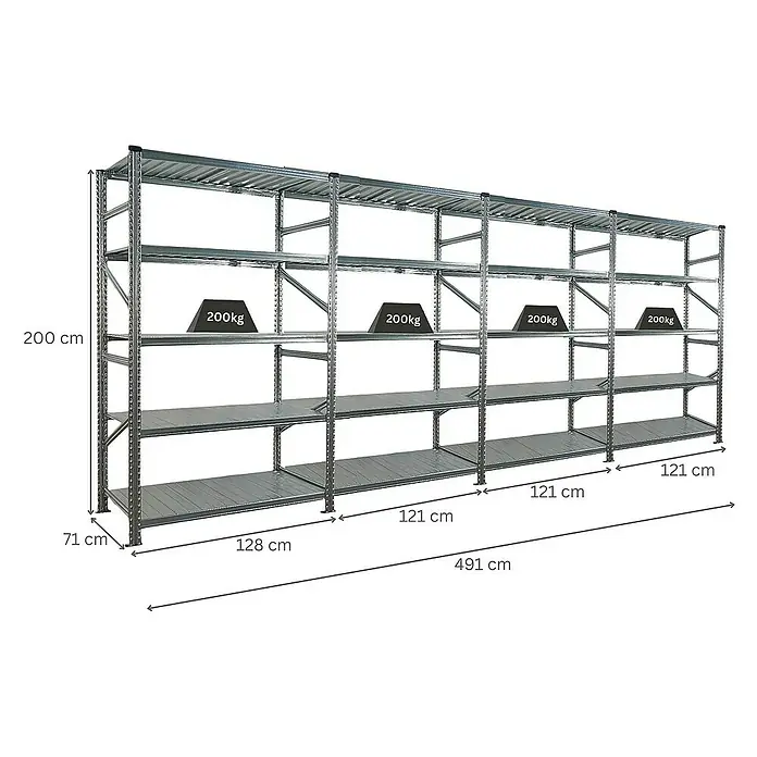 Proregal Metallregal Fachbodenregal PROXIMO 1x Grundregal + 3x Anbauregal - Traglast pro Boden: 200 kg, Anzahl Böden: 5 Stk., Stecken, Verzinkt - Ein langes, silbernes Schwerlastregal mit vier Ebenen und Gewichtsangaben.