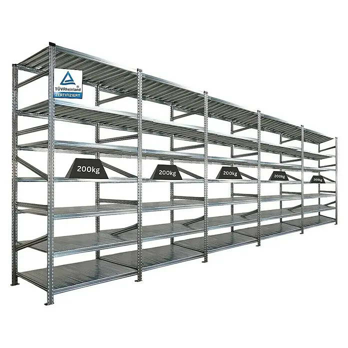 Proregal Metallregal Fachbodenregal PROXIMO 1x Grundregal + 4x Anbauregal - Traglast pro Boden: 200 kg, Anzahl Böden: 7 Stk., Stecken, Verzinkt - Bild eines langen, silbernen Schwerlastregals mit mehreren Ebenen und Gewichtsangaben.