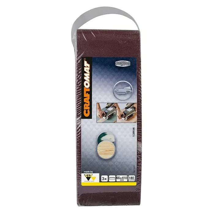 Craftomat Lija de banda - L x An: 410 x 65 mm, Grano: 180, 3 ud. - Juego de bandas de lijado Craftomat con tres bandas, grano 180, para lijadoras de banda, ideal para procesar superficies de madera.