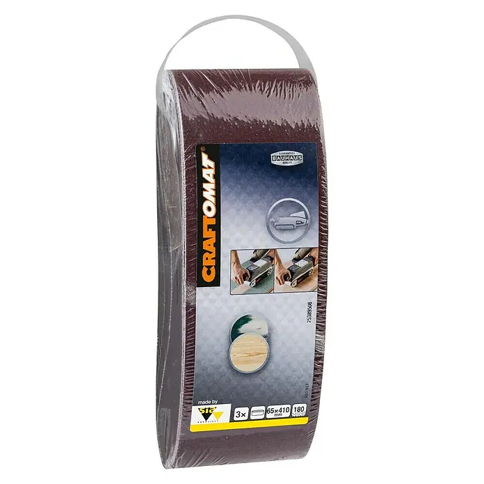 Craftomat Lija de banda - L x An: 410 x 65 mm, Grano: 180, 3 ud. - Imagen del paquete de lijas de banda Craftomat, grano 180, 65x410 mm, para lijadoras de banda, ideal para superficies de madera.